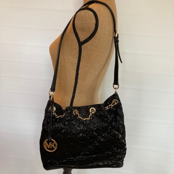 Michael Kors black snake skin shoulder handbag with brass accents - Picture 2 of 8